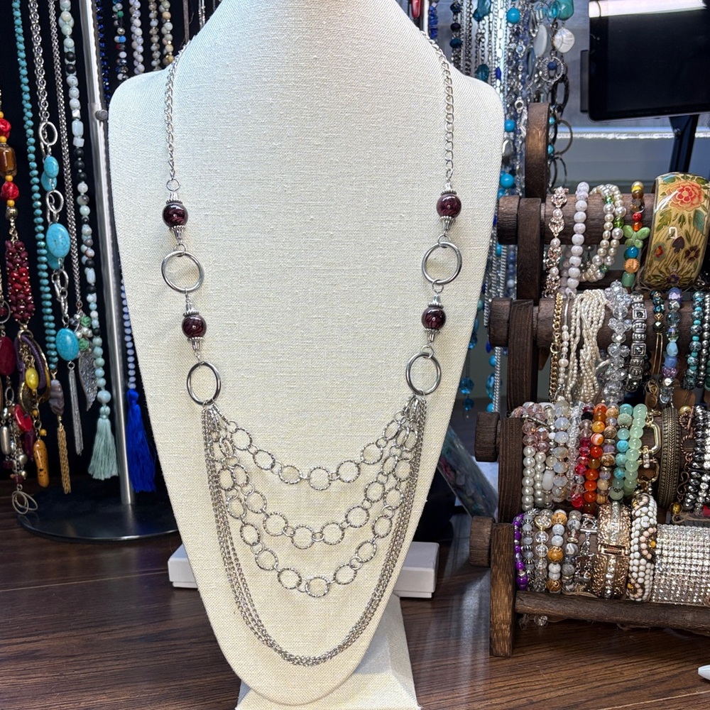 Chic Silver Tone with Maroon Bead Accents Multi Chain Necklace